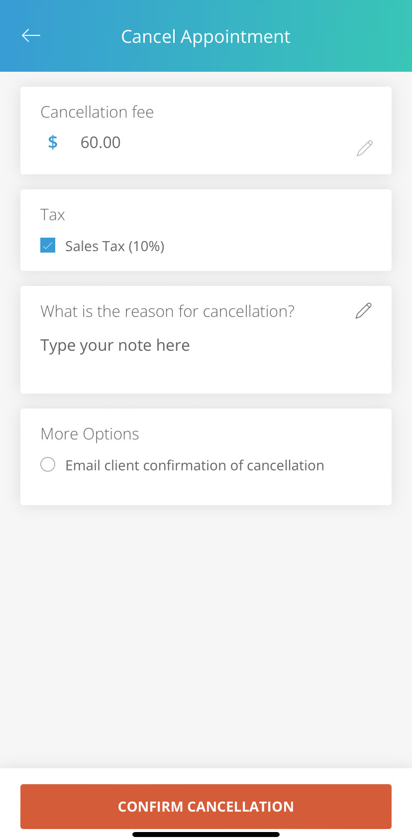 Cancellation screen in the app