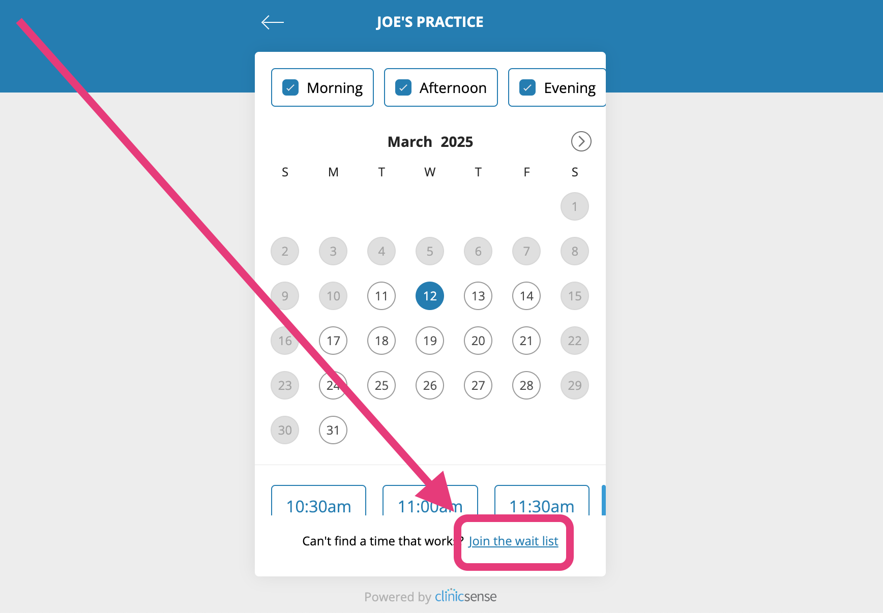 Location of the 'Join the wait list' link in ClinicSense.png