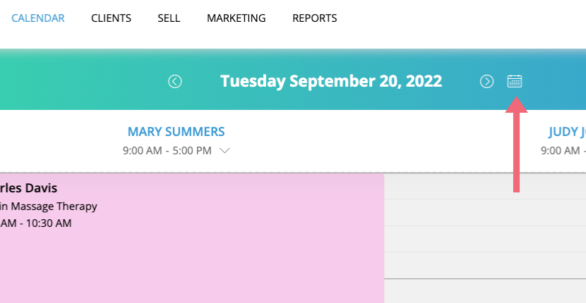 Location of the calendar navigation button on the Calendar page in ClinicSense